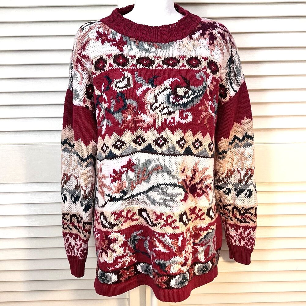 Vintage 1995 Tiara International Womens L Red Ramie Cotton Holiday Sweater